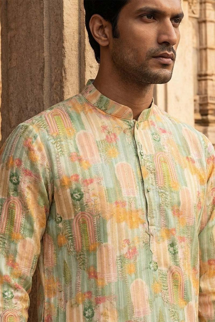 Green Silk Blend Printed Straight Kurta With Trousers MKSET2118