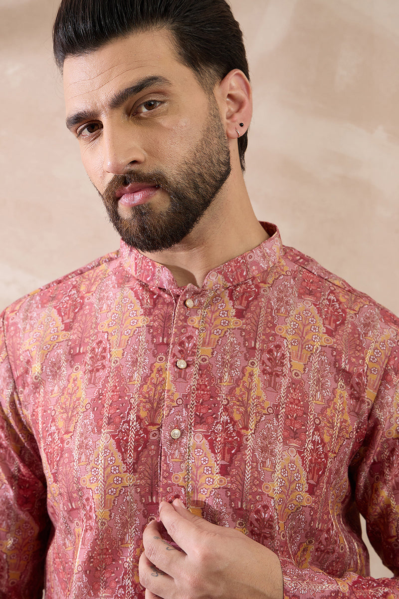 Pink Silk Blend Printed Mandarin Collar Straight Kurta MKU2054