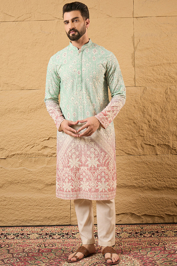 Teal Viscose Rayon Ethnic Motifs Embroidered Straight Kurta with Trouser MKSET1139