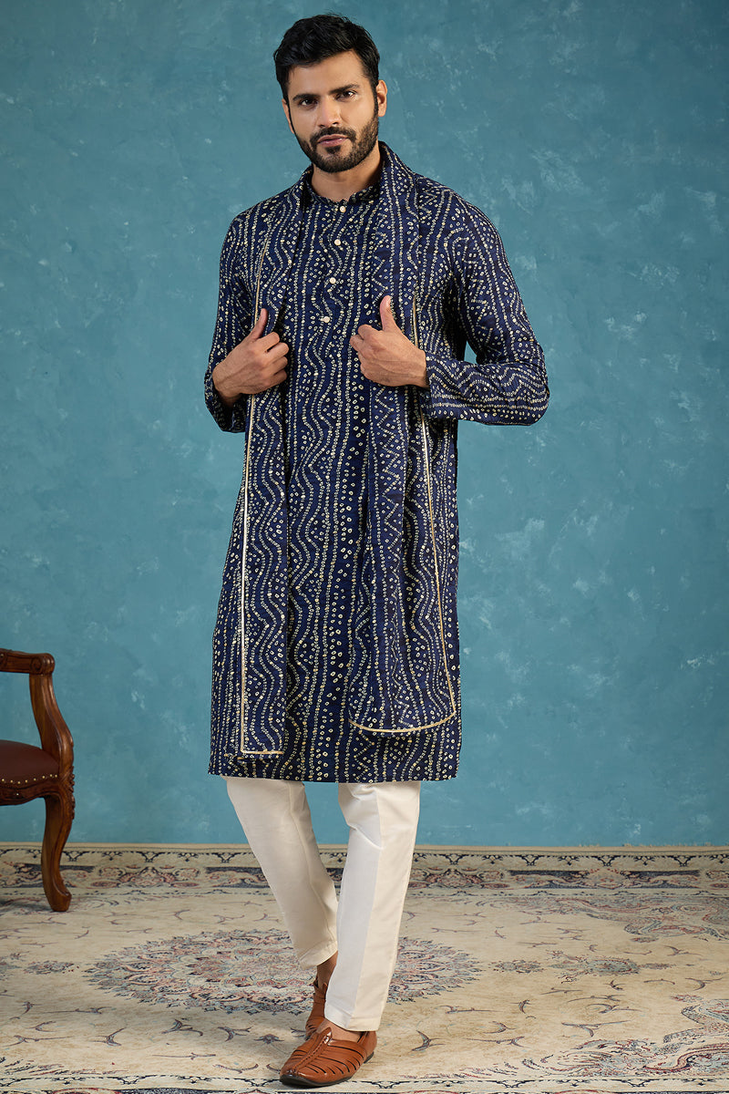 Blue Viscose Rayon Bandhani Printed Kurta With Dupatta MKUD1080