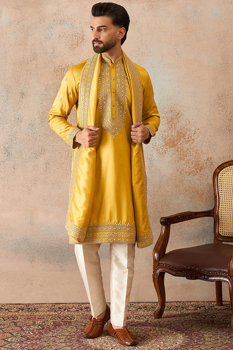 Yellow Silk Blend Solid Embroidered Kurta And Trouser With Dupatta MKPD1026