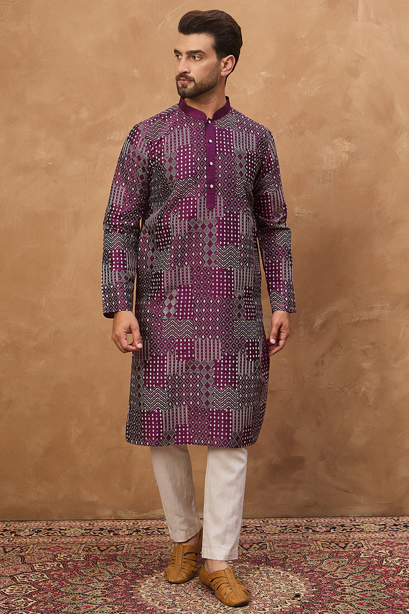 Purple Silk Blend Geometric Printed Straight Kurta With Pant Set MKSET1529