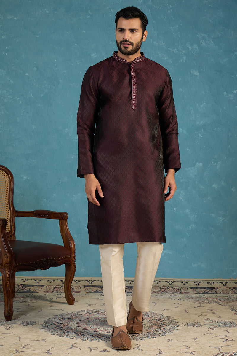 Purple Silk Blend Woven Design Straight Kurta With Trouser MKSET1835