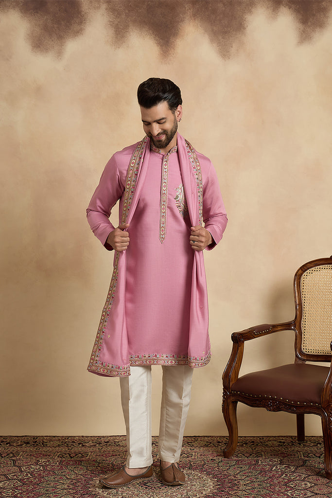 Pink Silk Blend Solid Embroidered Kurta With Dupatta & Trouser MKPD1071