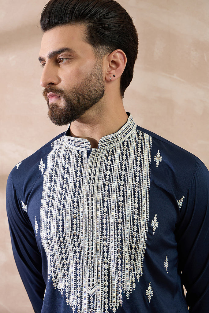 Navy Blue Silk Blend Embroidered Mandarin Collar Straight Kurta With Trouser MKSET1795