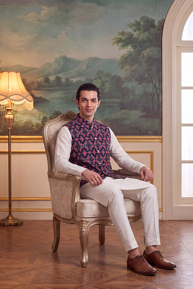 Navy Blue Silk Blend Patola Print Mandarine Collar Koti MKOT1048