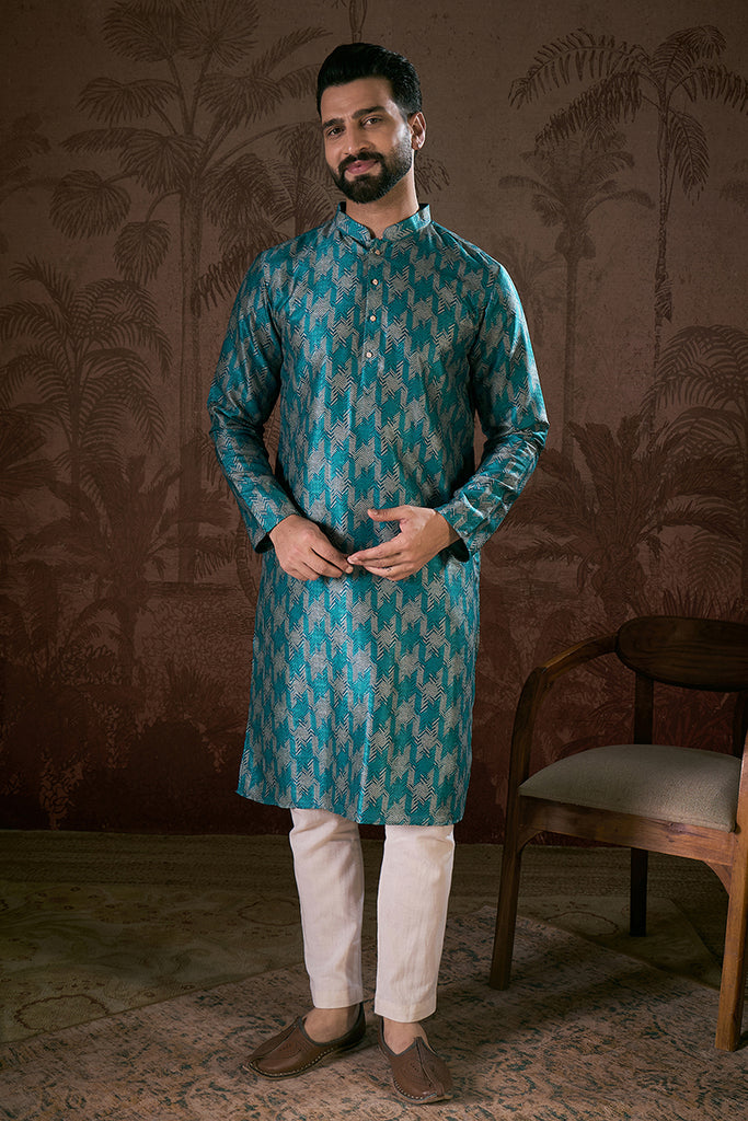 Turquoise Blue Silk Blend Chevron Printed Straight Kurta With Trouser MKSET1916