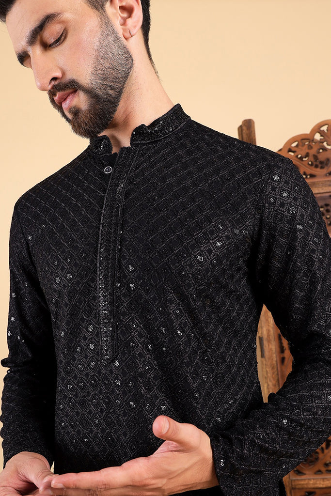 Black Viscose Rayon Solid Embroidered Straight Kurta For Men MKU1011BLK