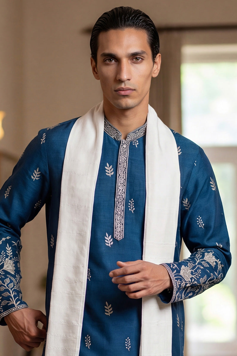 Blue Chanderi Silk Solid Embroidered Straight Kurta with Dupatta MKUD1315