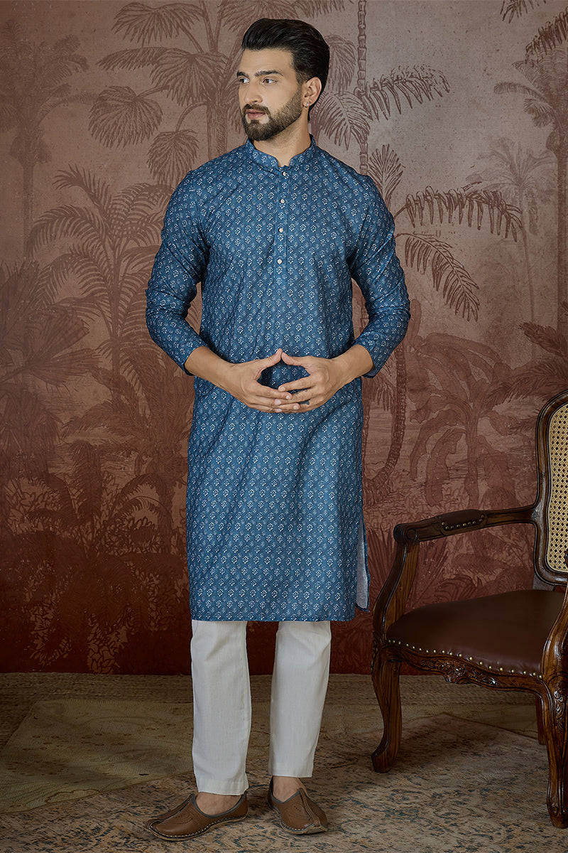 Blue Linen Floral Print Regular Kurta MKU2433