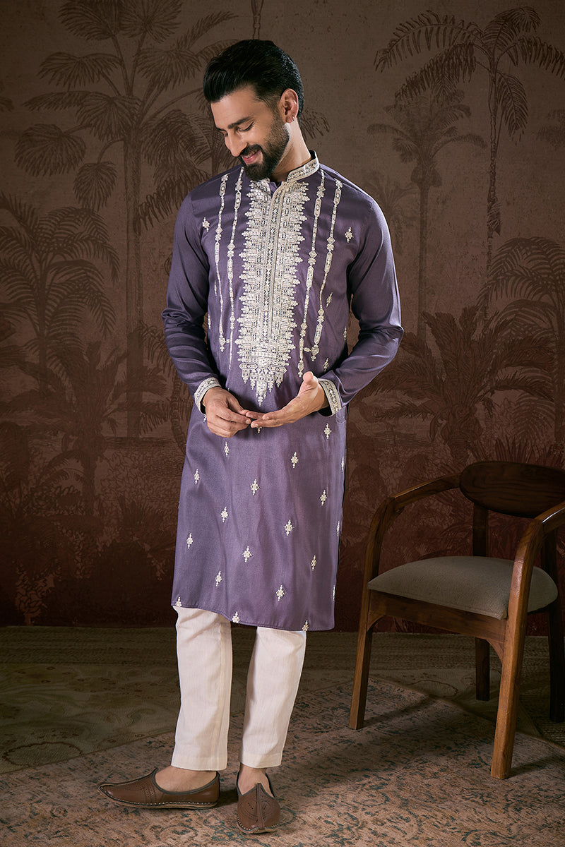 Lavender Silk Blend Solid Embroidered Straight Kurta With Trouser MKSET1792