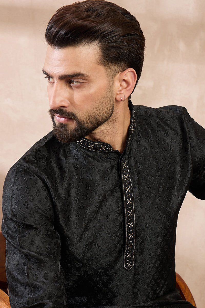 Black Silk Blend Solid Woven Design Straight Kurta With Trouser MKSET1854