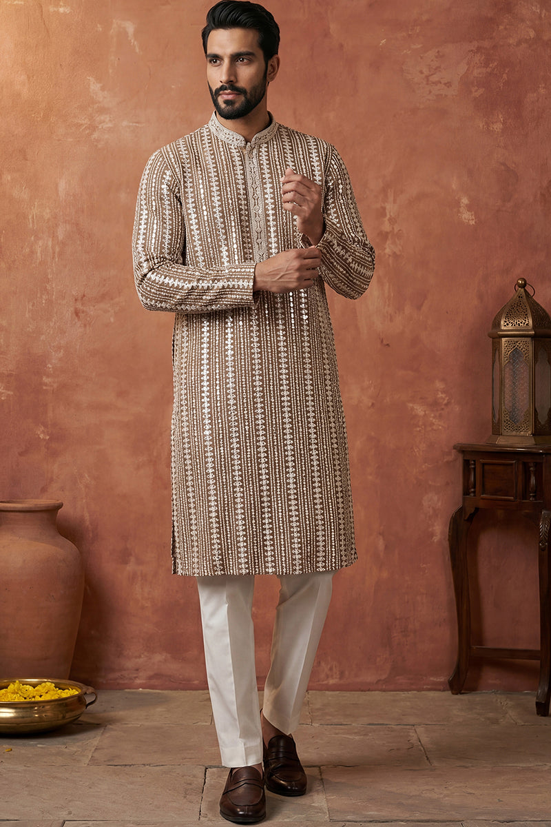 Brown Viscose Rayon Embroidered Kurta With Trousers MKSET2178