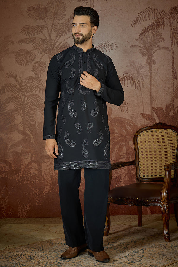 Black Silk Blend Solid Embroidered Kurta With Trouser MKSET2382