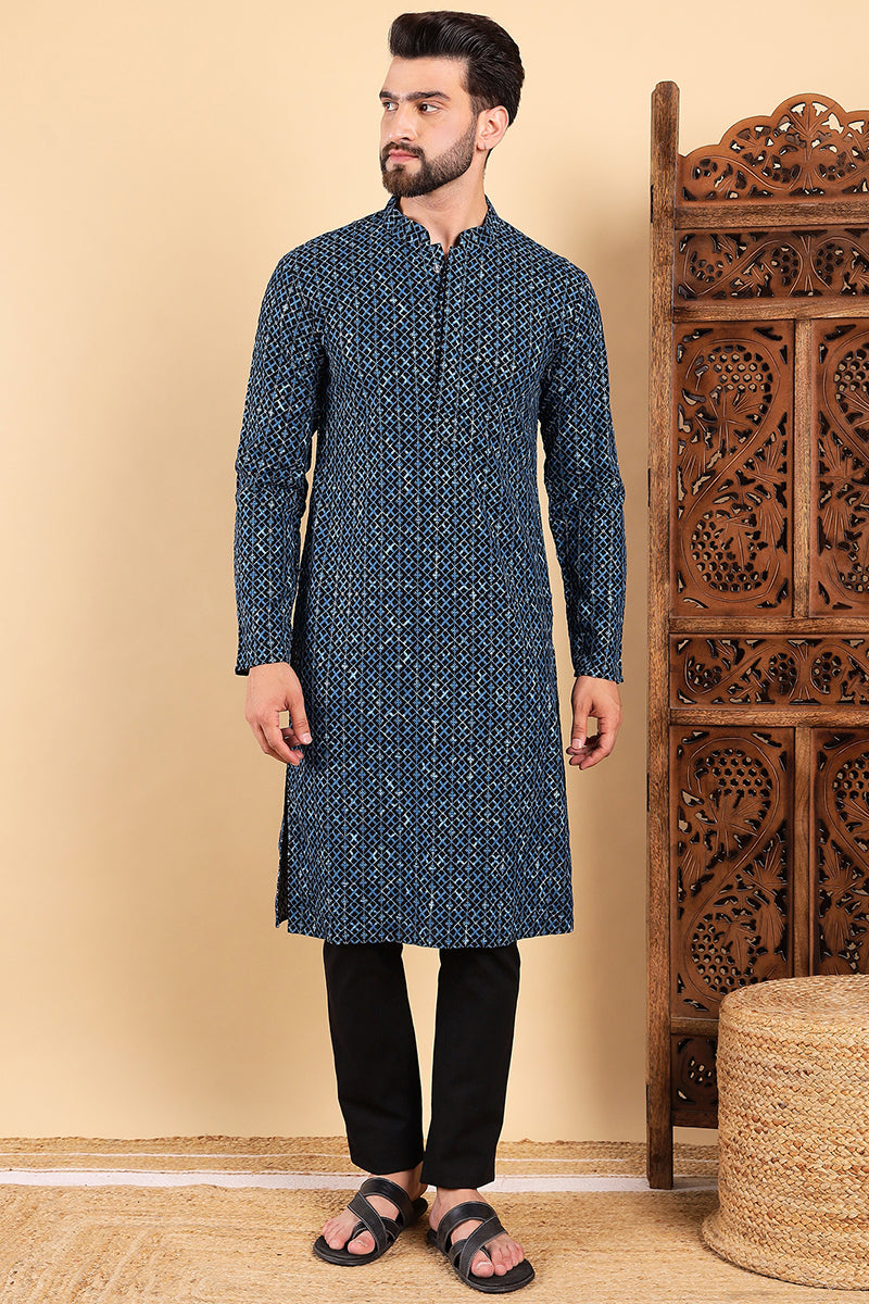Blue Viscose Rayon Solid Dyed Straight Kurta with Trouser MKSET1013BLU