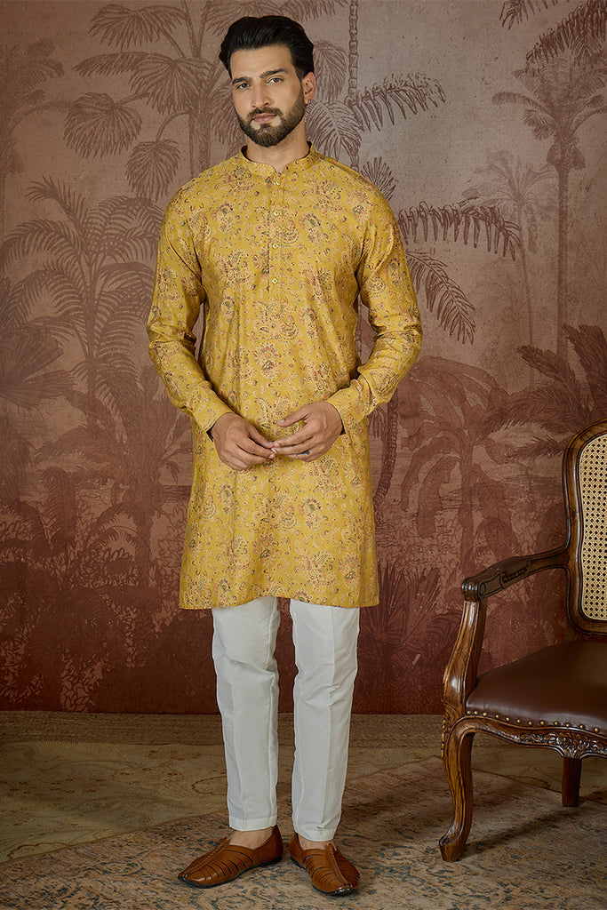 Mustard Silk Blend Ethnic Motifs Printed Kurta MKU2559