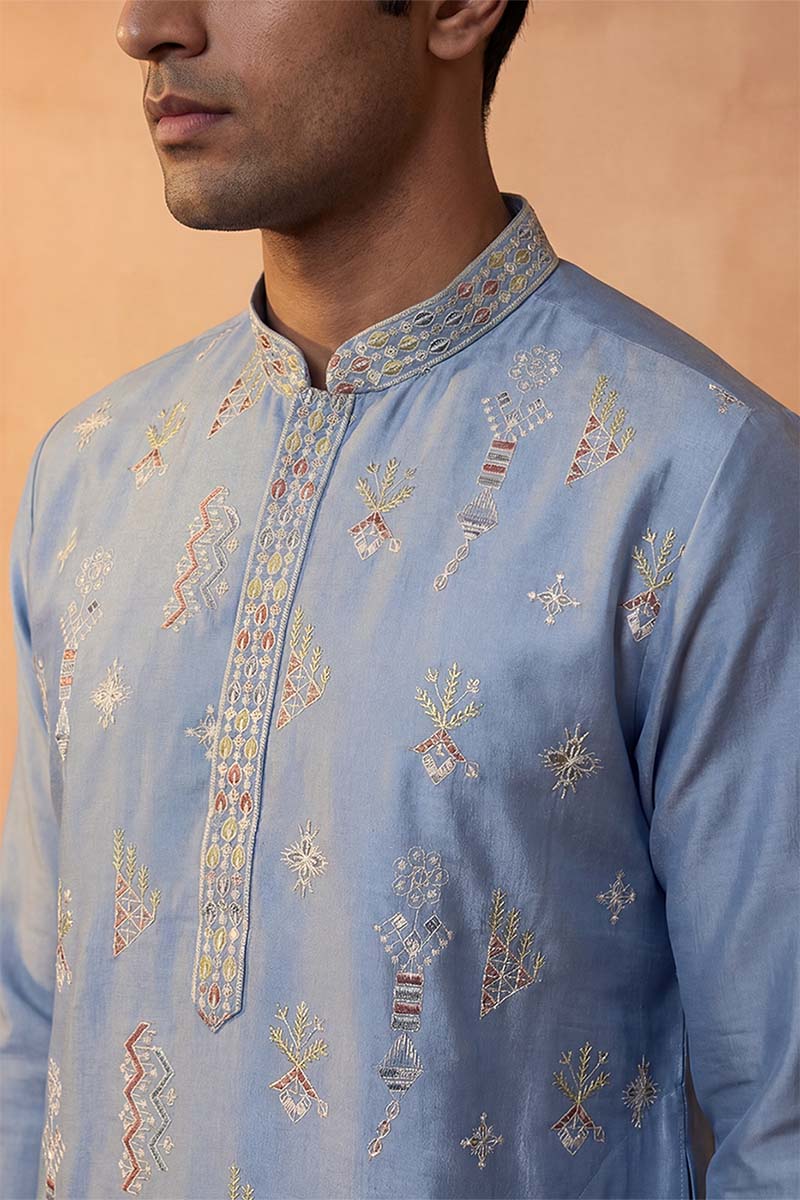 Silk Blend Blue Solid Embroidered Calf Length Straight Kurta MKU2141