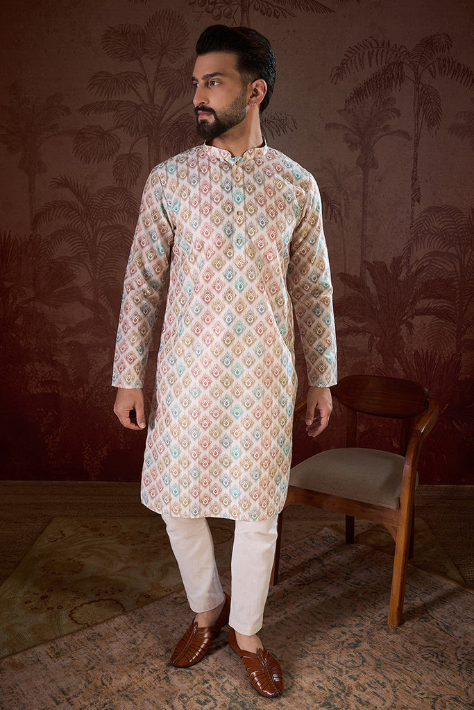 White Silk Blend Ethnic Motifs Printed Straight Kurta MKU1924