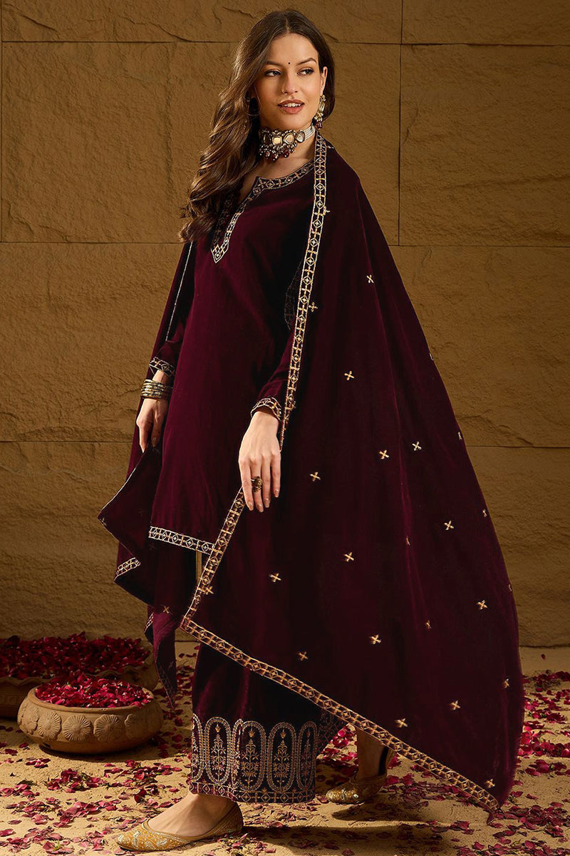 Purple Velvet Solid Embroidered Straight Palazzo Suit Set PKSKD2273