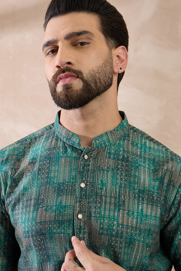 Green Silk Blend Printed Mandarin Collar Straight Kurta MKU2021