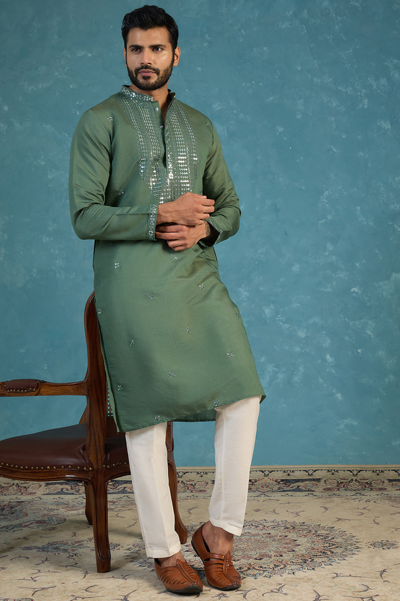 Green Silk Blend Solid Emboidered Sequins Kurta MKU2279