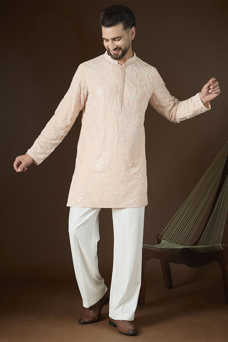Peach Georgette Solid Embroidered Kurta With Trouser MKSET2731