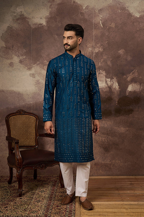 Blue Silk Blend Solid Embroidered Straight Kurta With Pant Set MKSET1358
