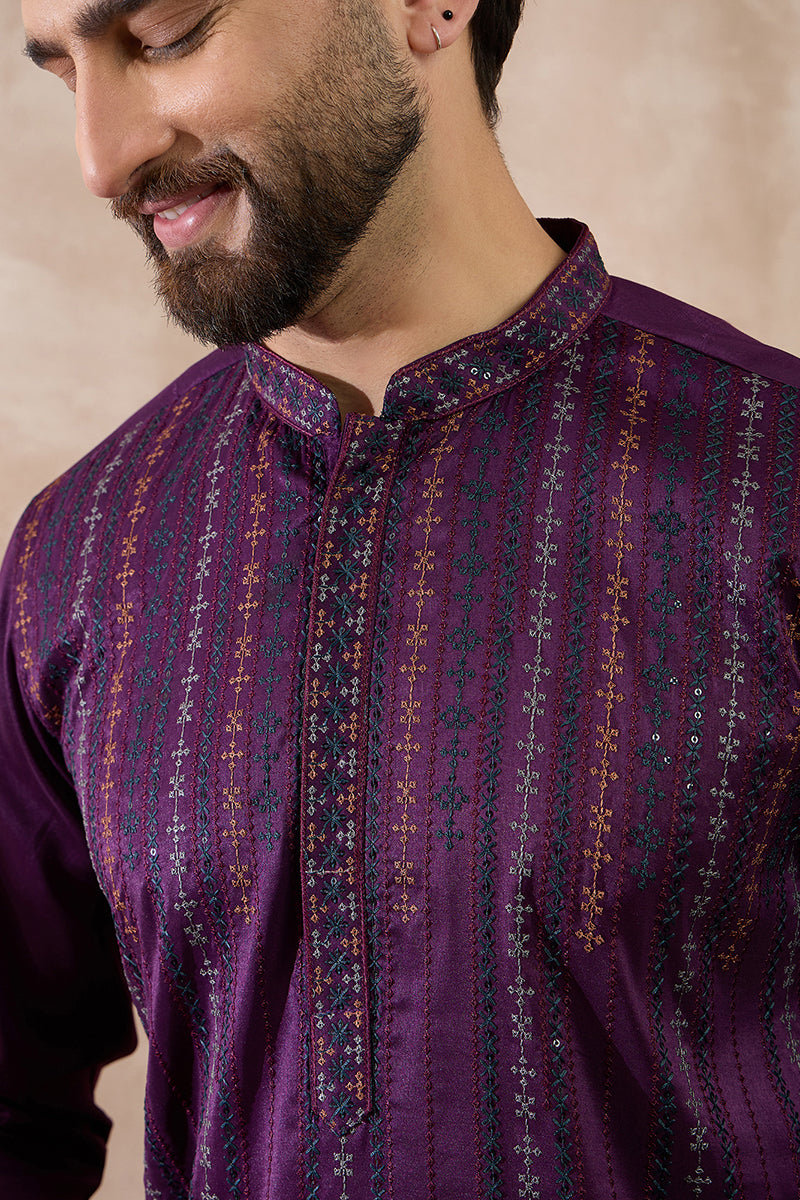 Purple Silk Blend Embroidered Mandarin Collar Straight Kurta With Trouser MKSET2038