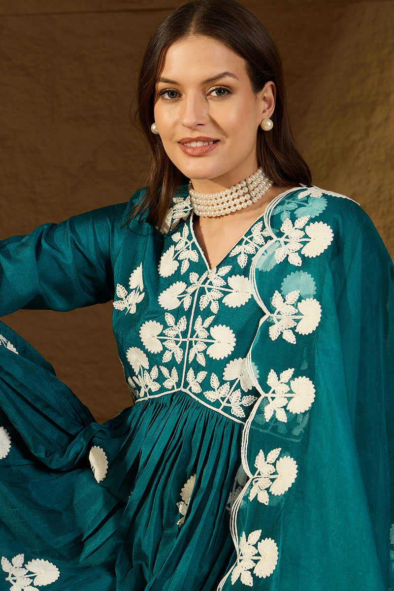 Teal Silk Blend Solid Embroidered A-Line Kurta Trouser With Dupatta PKSKD2824