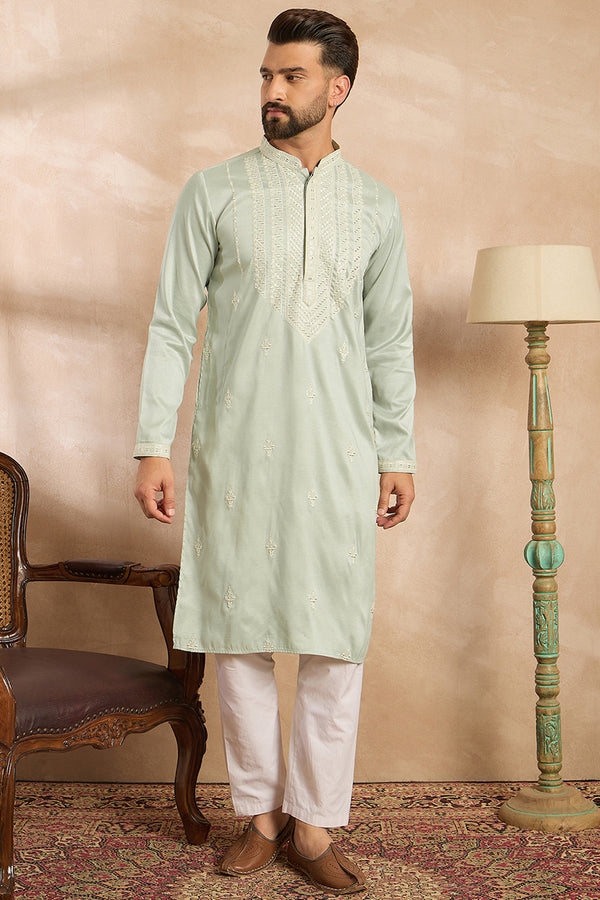 Green Silk Blend Geometric Embroidered Straight Kurta MKU1686