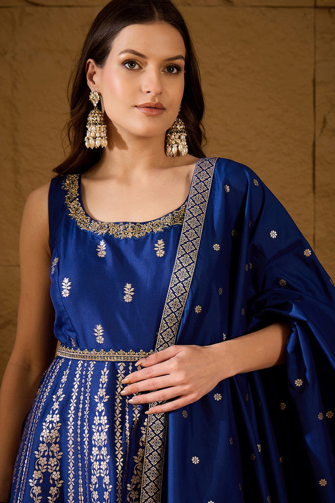 Blue Silk Blend Solid Embroidered Anarkali Kurta Bottom and Dupatta PKSKD3020