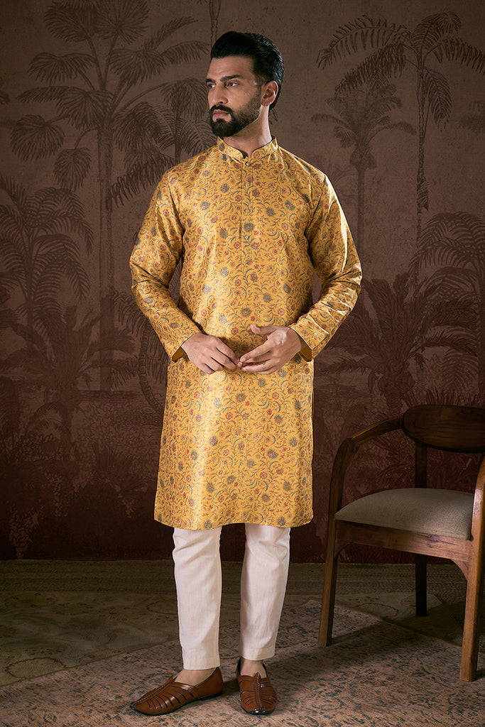 Yellow Silk Blend Floral Printed Straight Kurta MKU1946