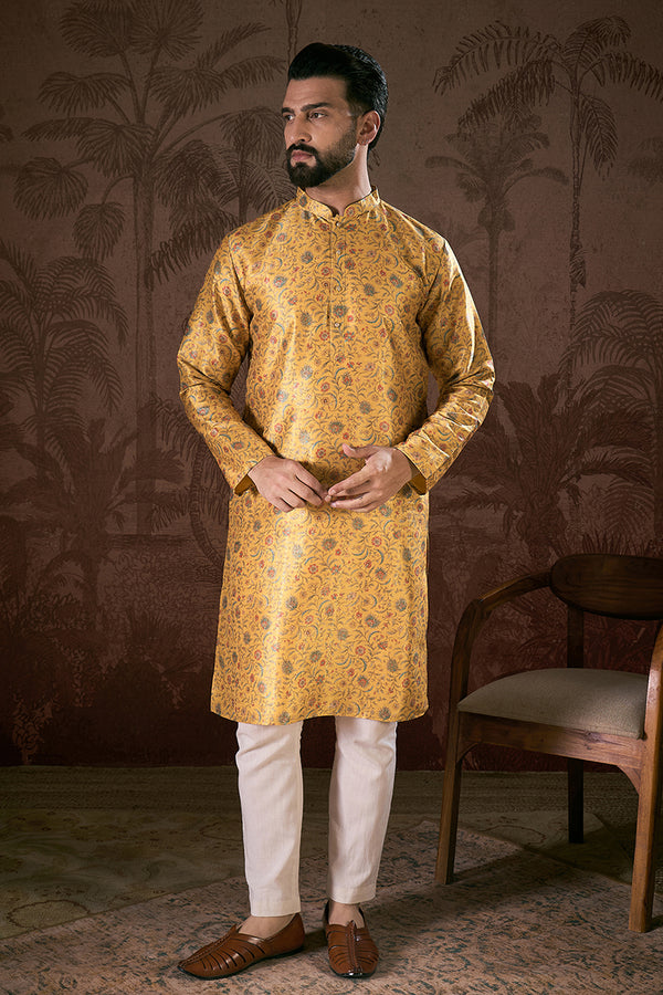 Yellow Silk Blend Floral Printed Straight Kurta MKU1946