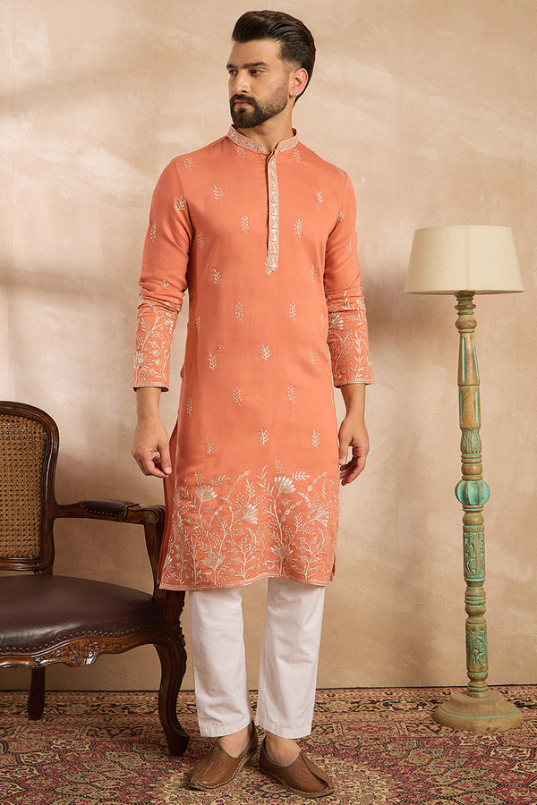 Peach Vartican Solid Embroidered Straight Kurta With Trouser MKSET1935