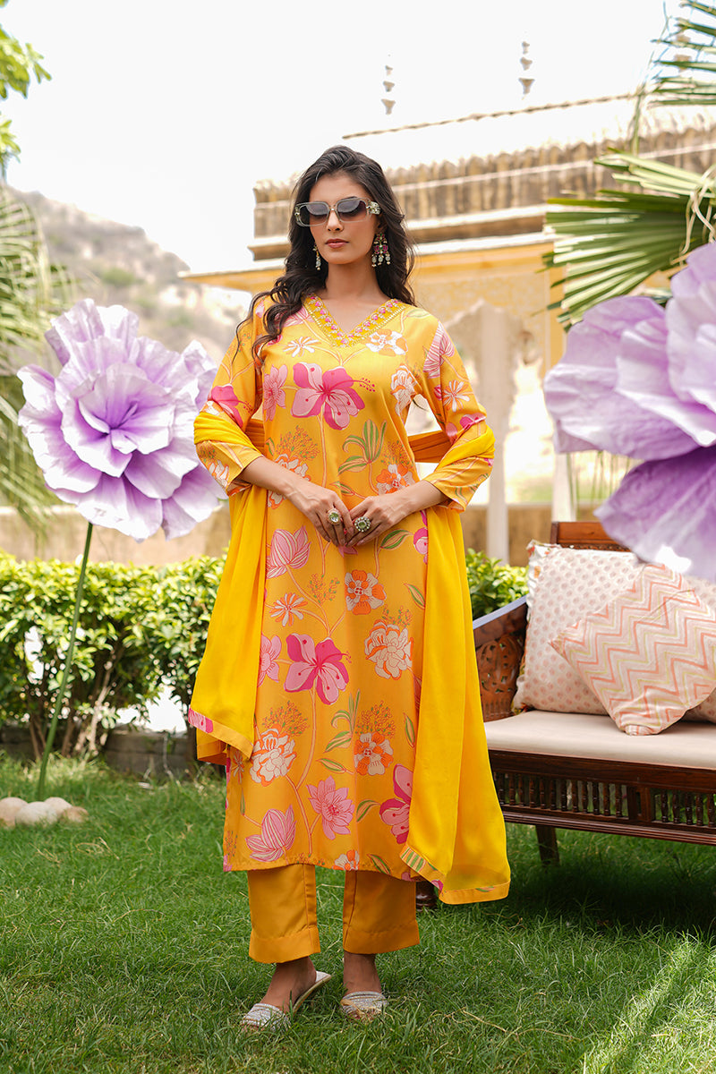 Yellow Silk Blend Floral Printed Straight Kurta Trousers With Dupatta SKSKD3099