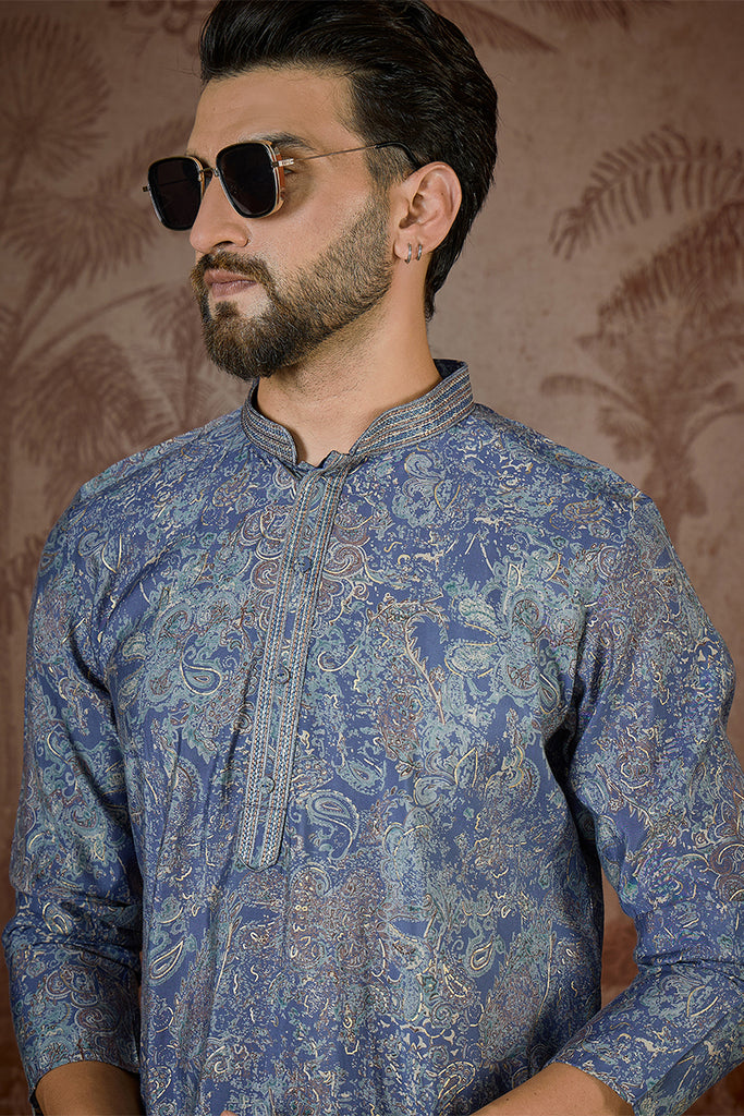 Blue Silk Blend Floral Embroidered Kurta With Trouser MKSET2504