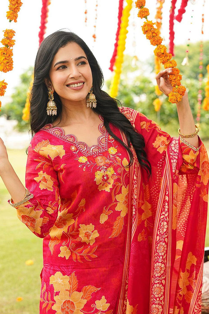 Red Rayon Blend Floral Straight Kurta Trousers With Dupatta PKSKD3051