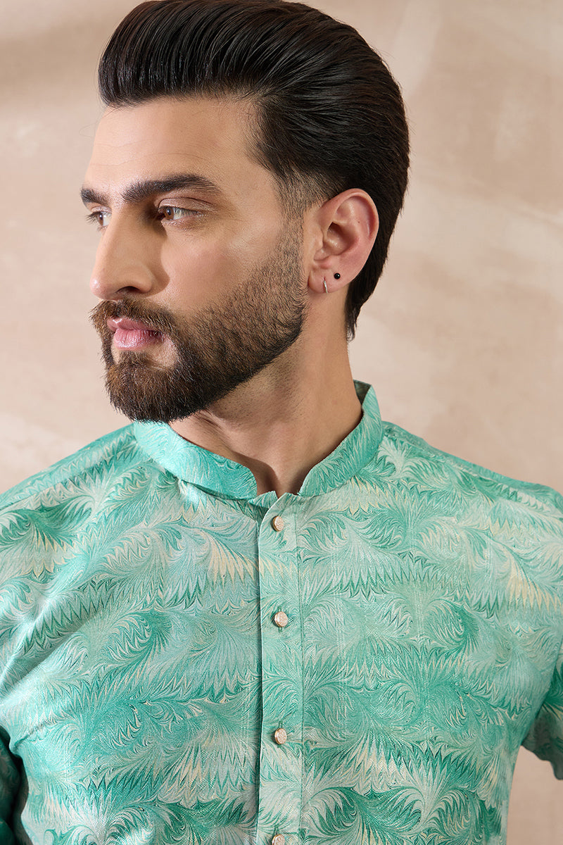 Green Silk Blend Printed Mandarin Collar Straight Kurta MKU2022