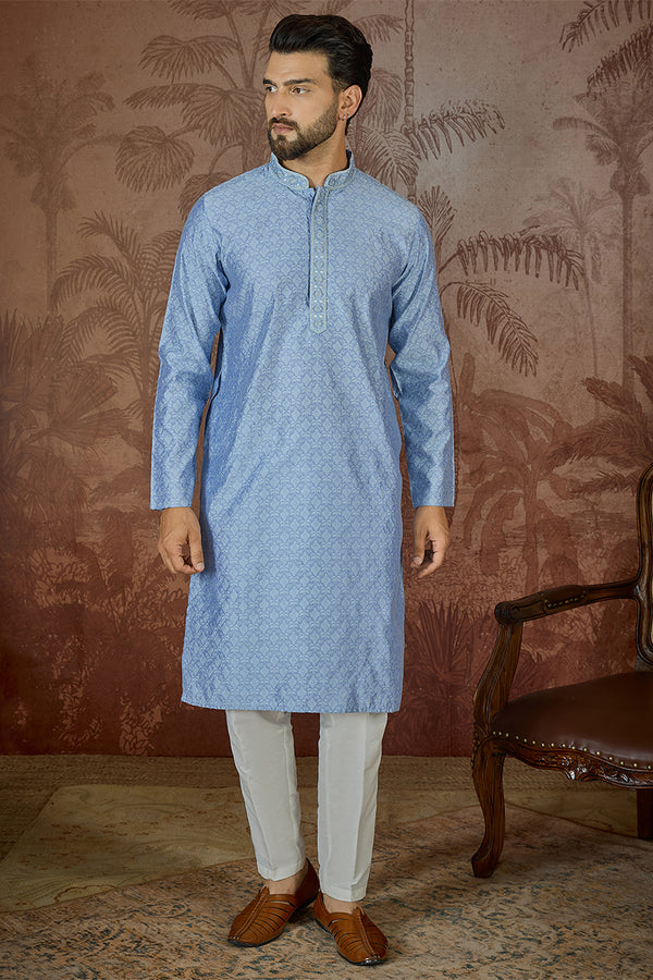 Blue Jacquard Solid Embroidered Kurta With Trouser MKSET2500
