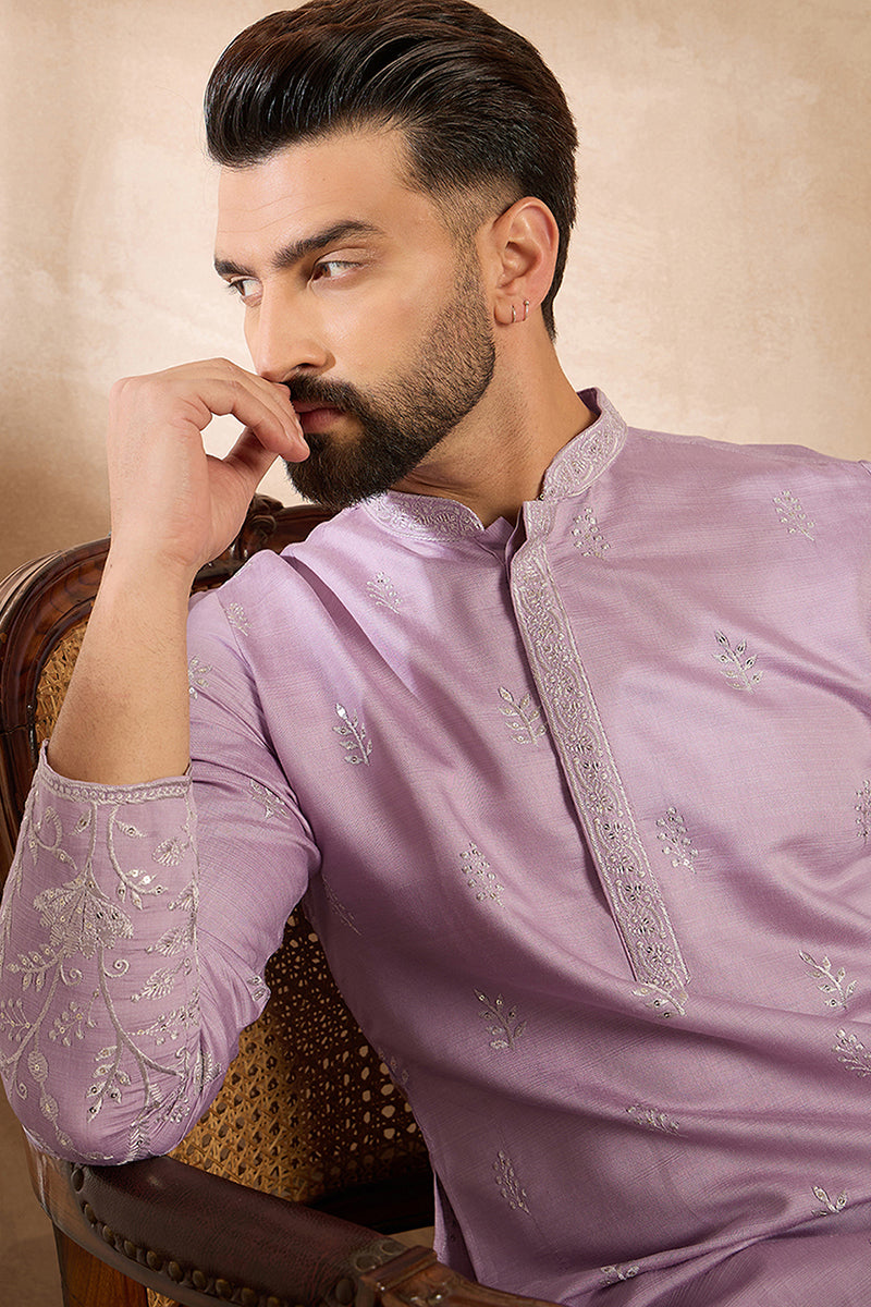 Lavender Silk Blend Floral Embroidered Straight Kurta MKU1781