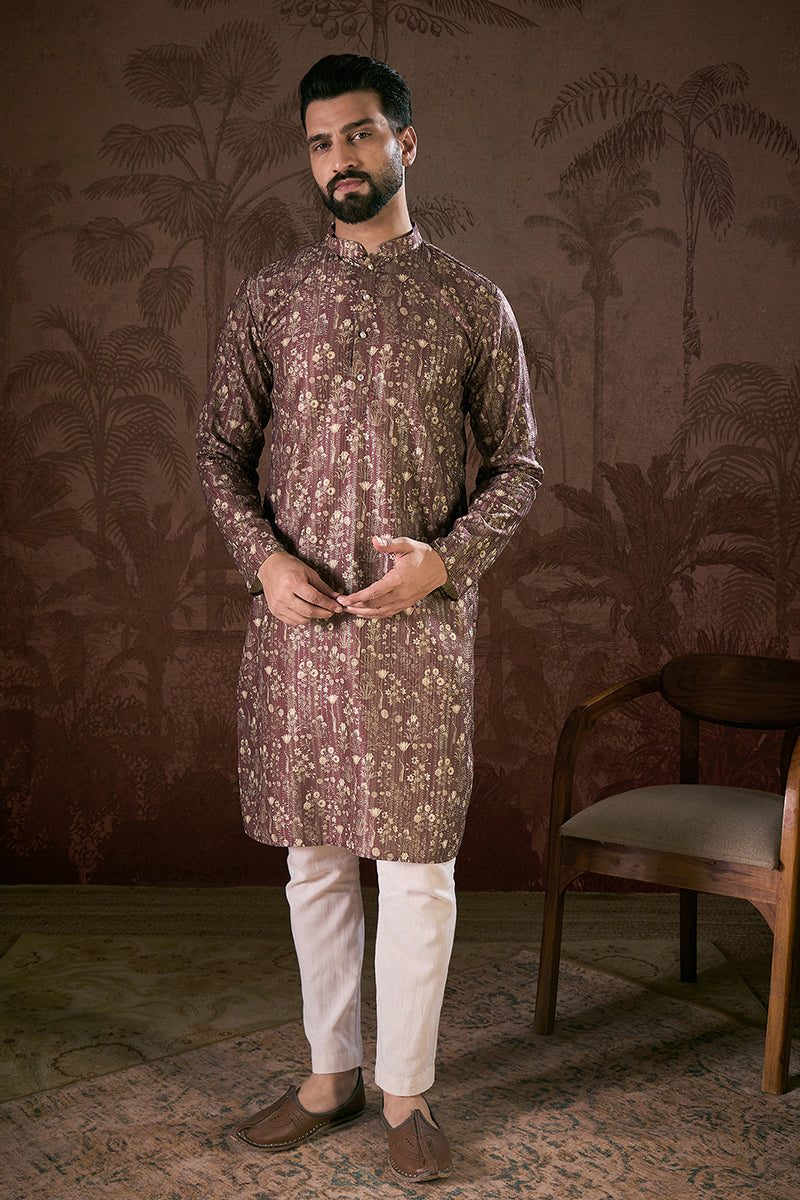 Mauve Silk Blend Floral Printed Straight Kurta With Trouser MKSET1932