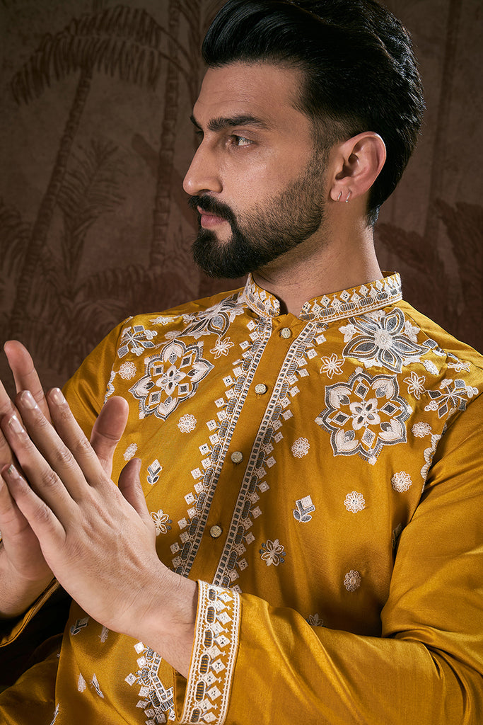 Mustard Silk Blend Solid Embroidered Straight Kurta MKU1796
