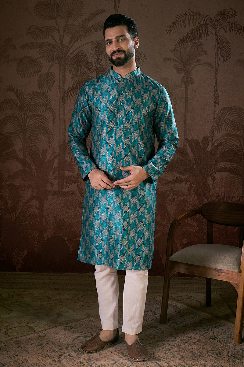 Turquoise Blue Silk Blend Chevron Printed Straight Kurta MKU1916