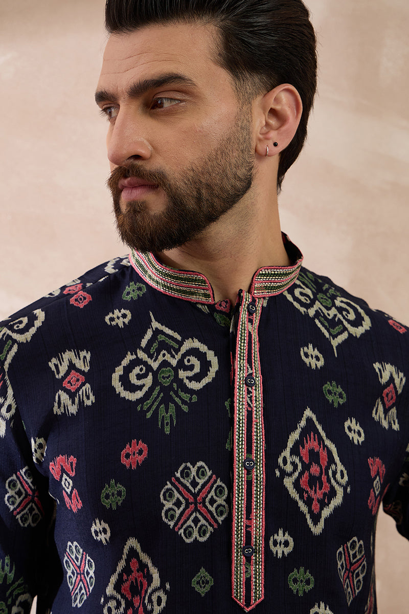 Blue Silk Blend Printed Mandarin Collar Straight Kurta With Trouser MKSET1987