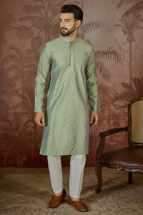Green Jacquard Solid Embroidered Kurta MKU2499