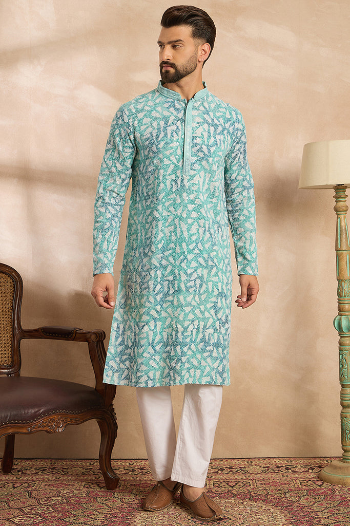 Teal Viscose Rayon Solid Printed Straight Kurta MKU1655