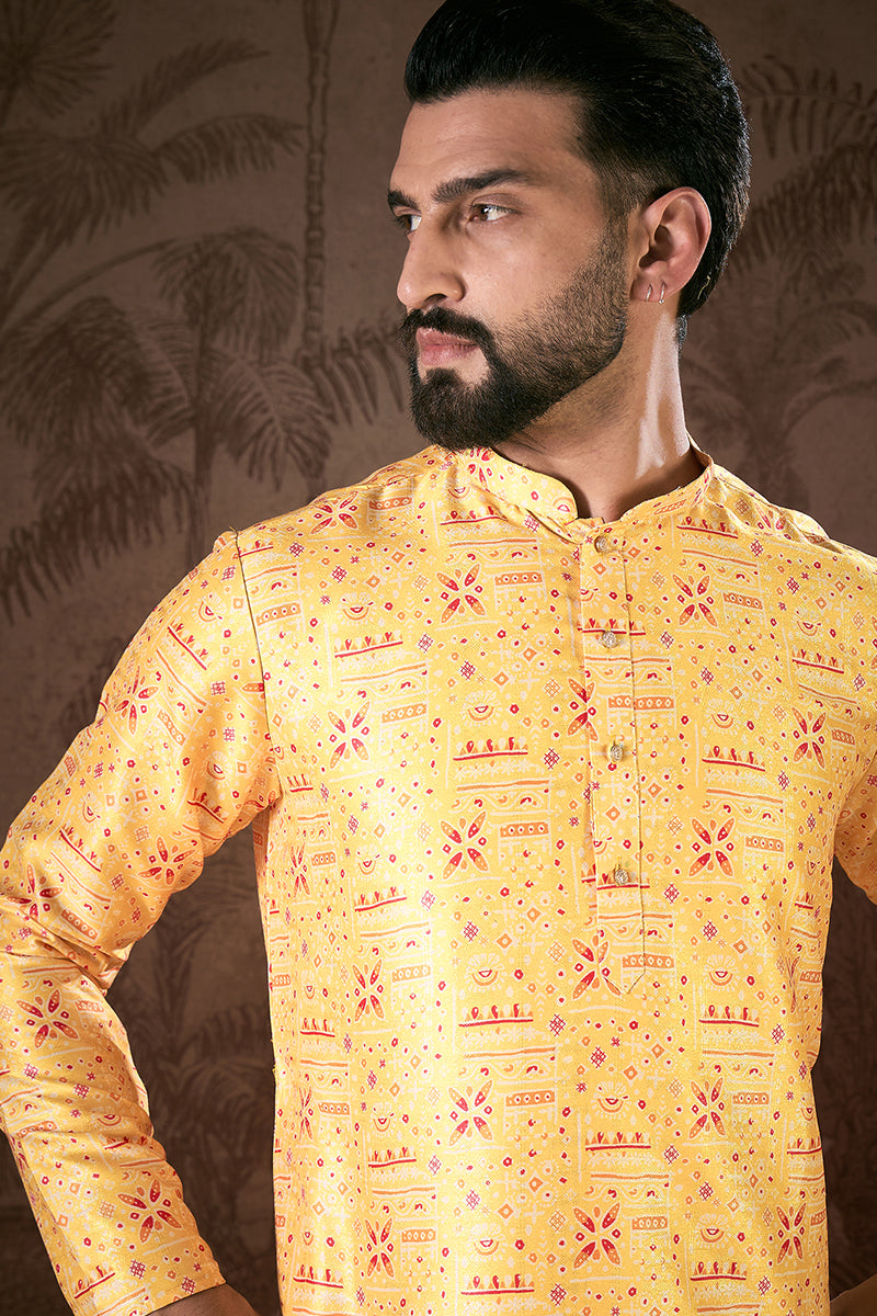 Yellow Silk Blend Ethnic Motifs Printed Straight Kurta MKU1936