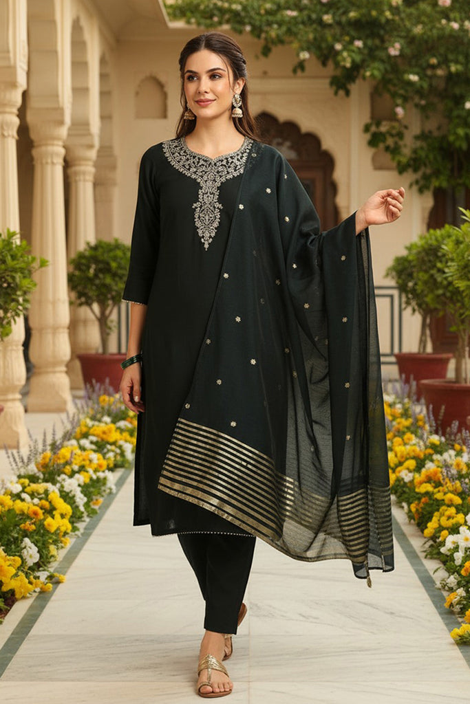 Green Chanderi Silk Solid Embroidered Straight Trousers Suit Set PKSKD2715