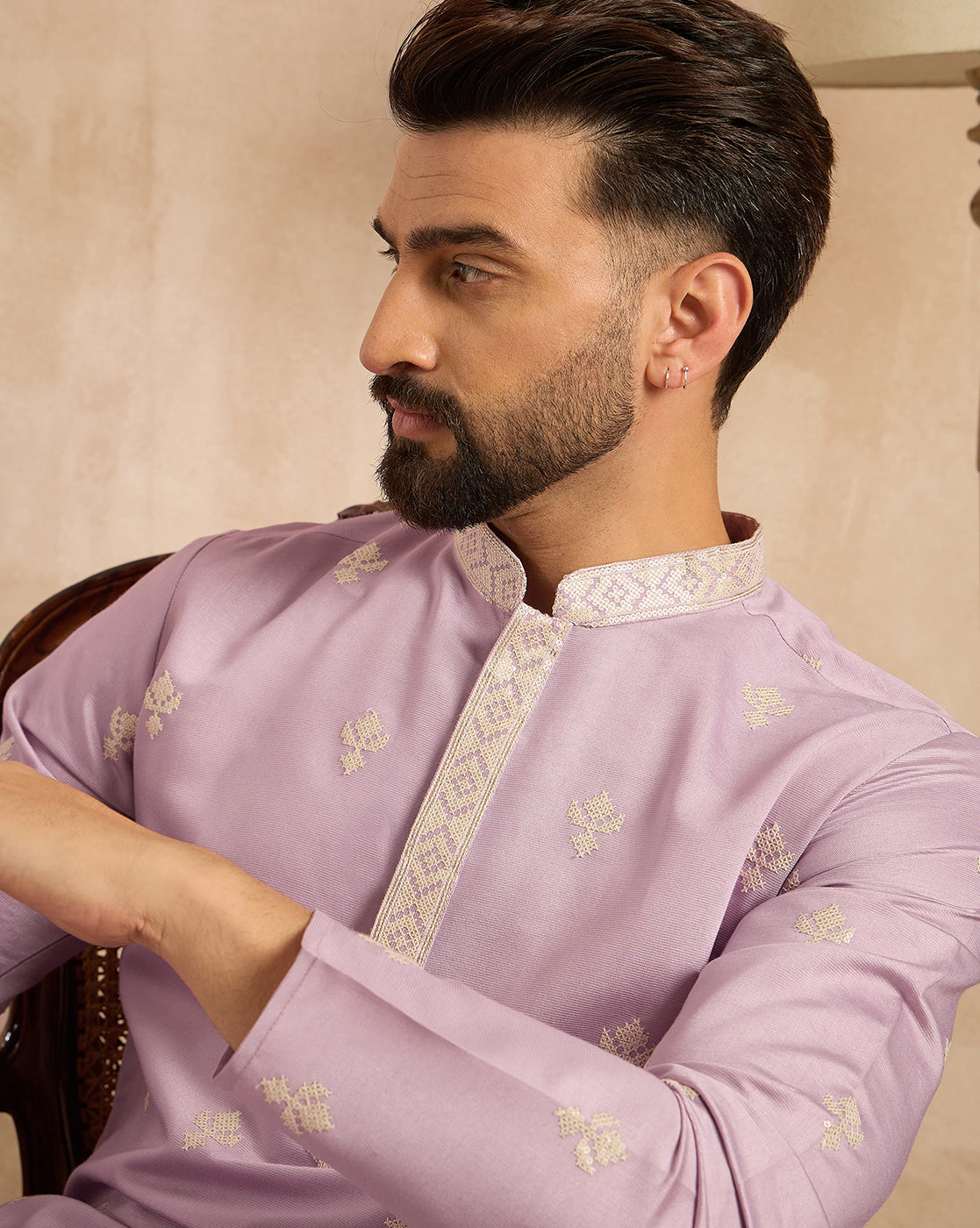 Lavender Polyester Solid Embroidered Straight Kurta With Trouser MKSET1753