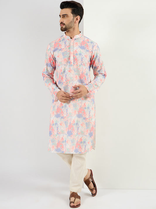 Off White Viscose Rayon Abstract Embroidered Straight Kurta With Pant Set MKSET1082